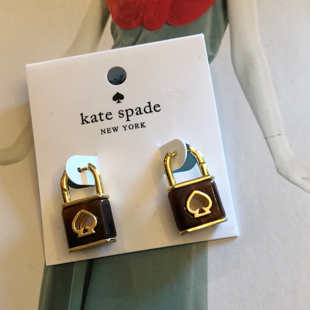 Authentic New on card. kate spade Brown and Gold Padlock Stud Earrings - Picture 2 of 7